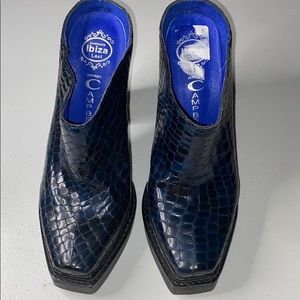 Jeffrey Campbell navy blue faux croc mules